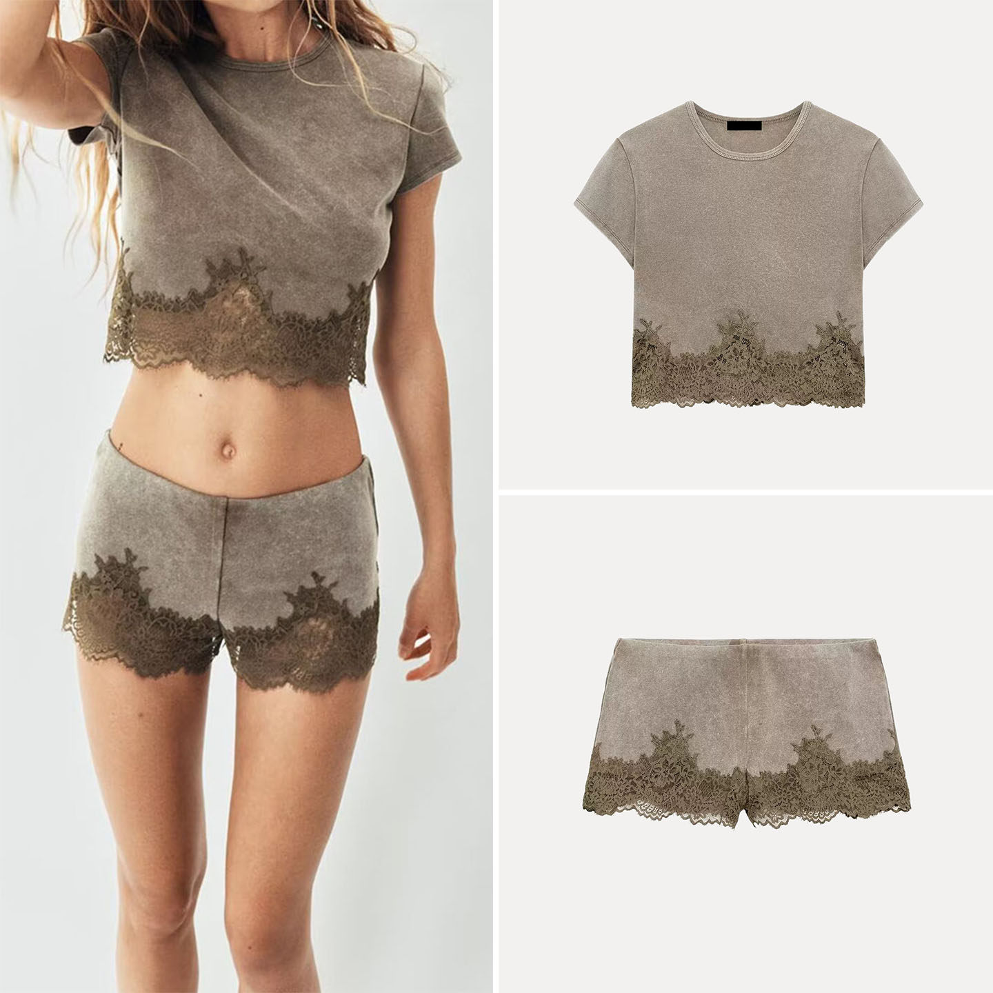 Wash Effect Set - Womens Short Sleeve Lace Trim Washed